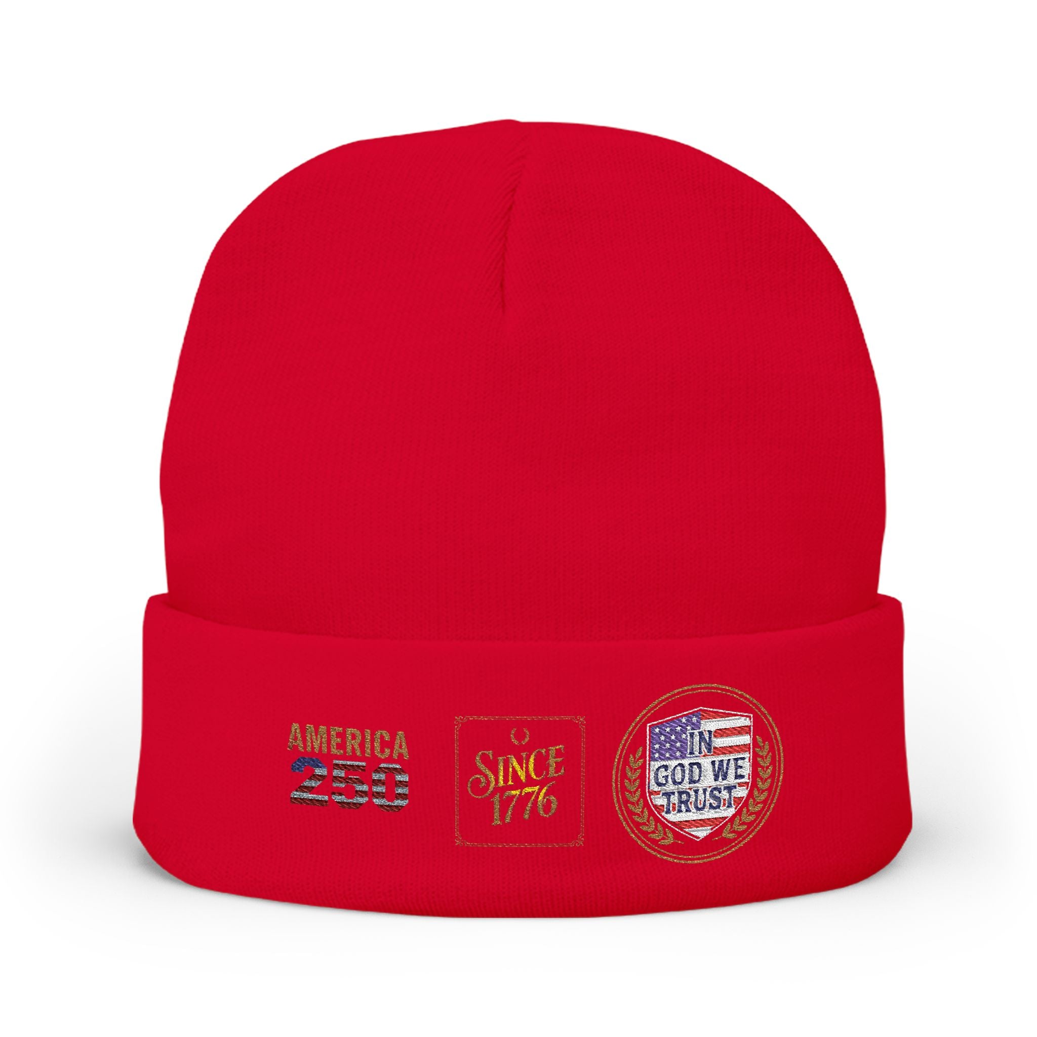 Embroidered Patriotic Knit Beanie — "America 250 / Since 1776 / God We Trust"
