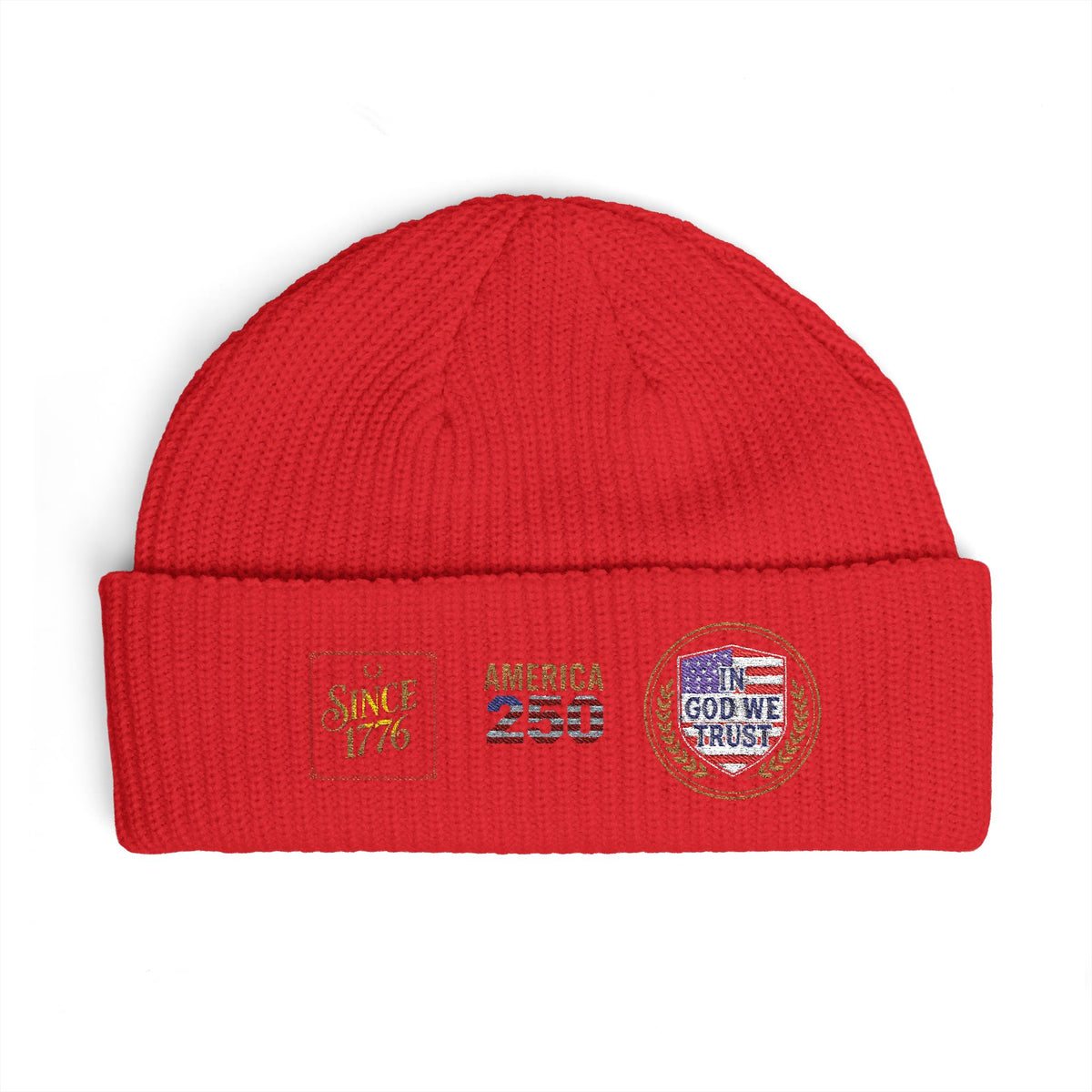 Cuff Beanie — Vintage Travel Patch Knit Hat (America 250, Route Badge)