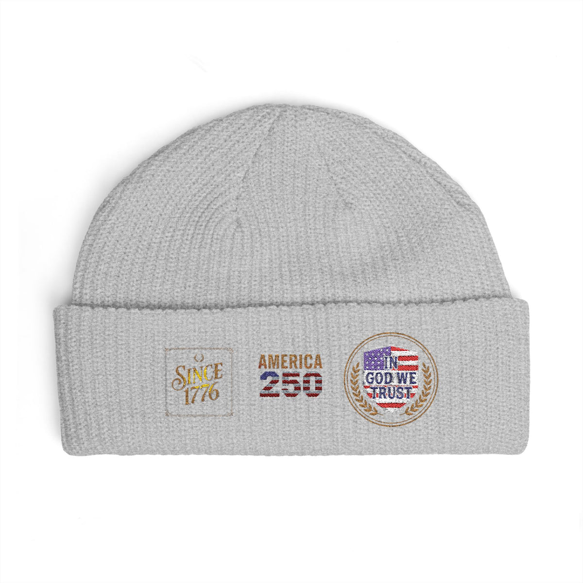 Cuff Beanie — Vintage Travel Patch Knit Hat (America 250, Route Badge)