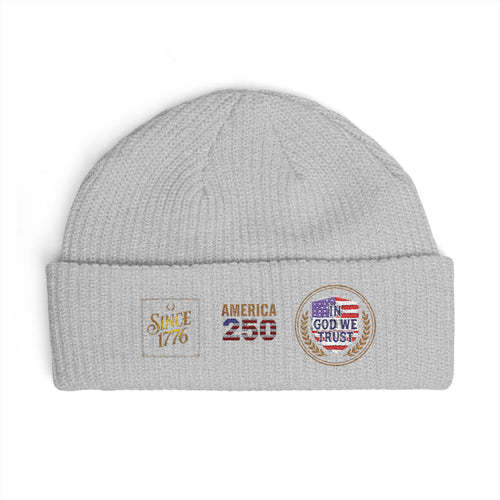 Cuff Beanie — Vintage Travel Patch Knit Hat (America 250, Route Badge)