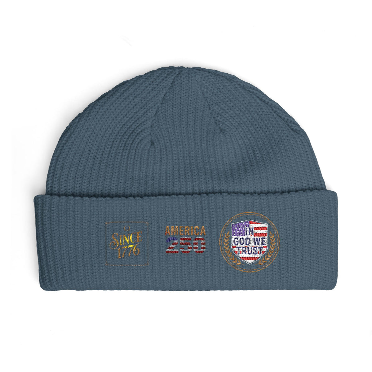 Cuff Beanie — Vintage Travel Patch Knit Hat (America 250, Route Badge)