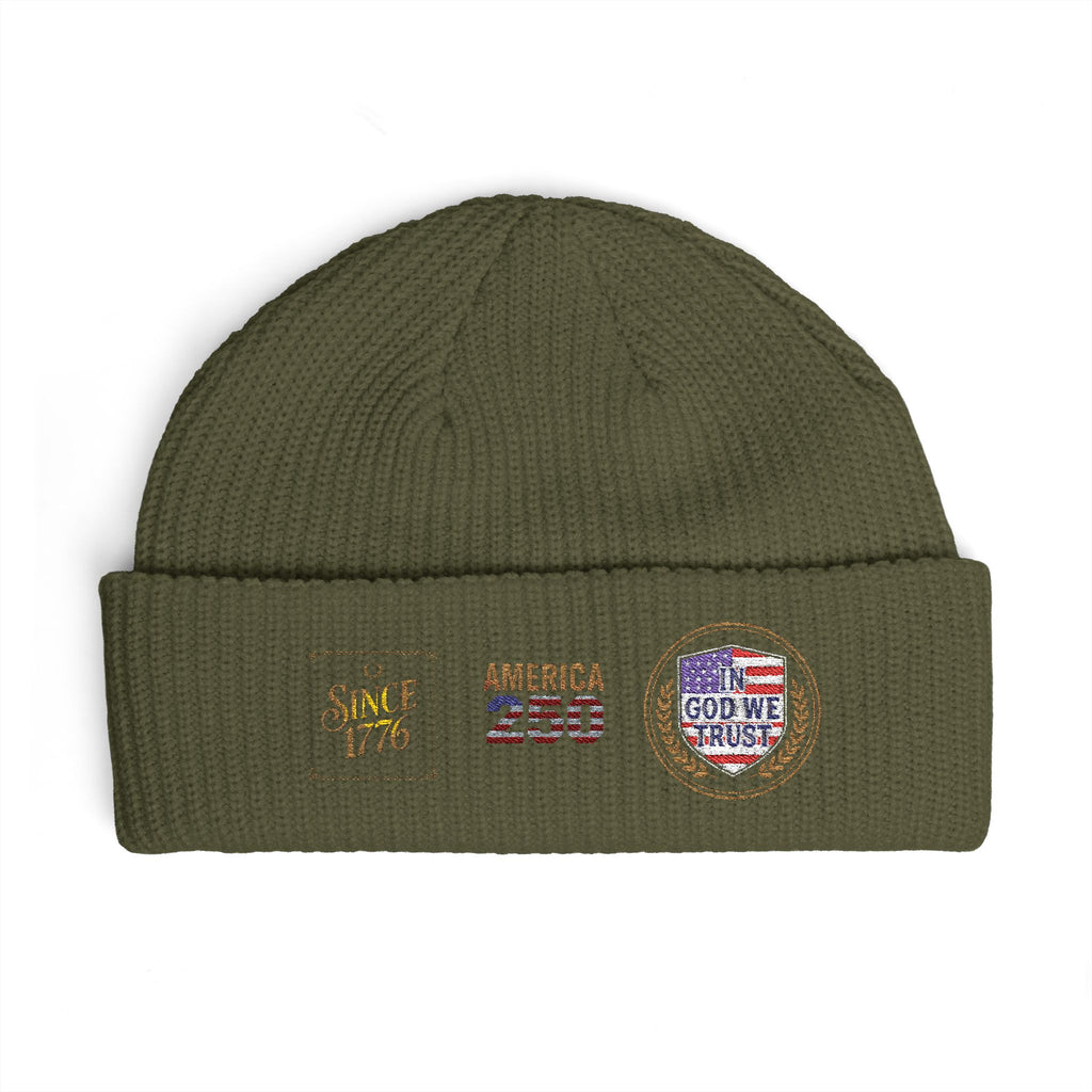 Cuff Beanie — Vintage Travel Patch Knit Hat (America 250, Route Badge)