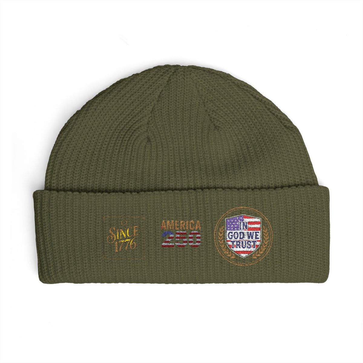Cuff Beanie — Vintage Travel Patch Knit Hat (America 250, Route Badge)