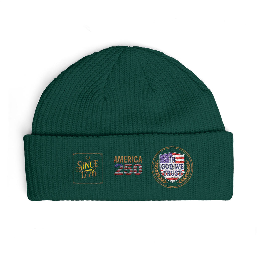 Cuff Beanie — Vintage Travel Patch Knit Hat (America 250, Route Badge)
