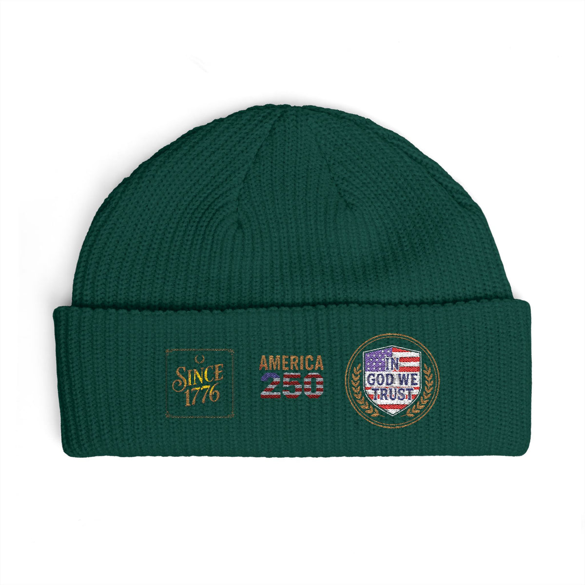 Cuff Beanie — Vintage Travel Patch Knit Hat (America 250, Route Badge)