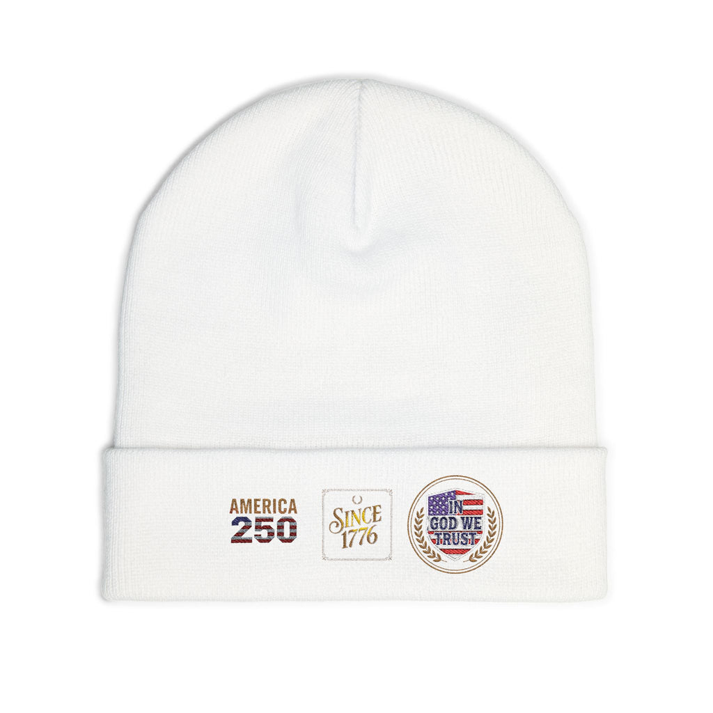 Embroidered Patriotic Knit Beanie — "America 250 / Since 1776 / God We Trust"