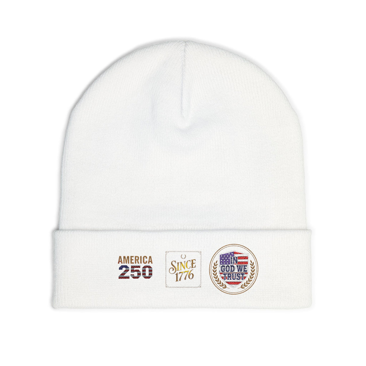 Embroidered Patriotic Knit Beanie — "America 250 / Since 1776 / God We Trust"