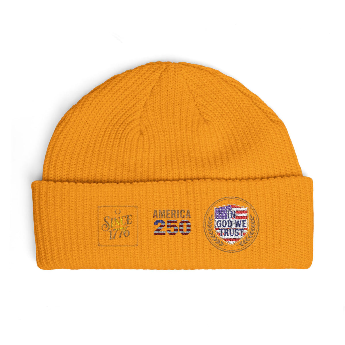 Cuff Beanie — Vintage Travel Patch Knit Hat (America 250, Route Badge)