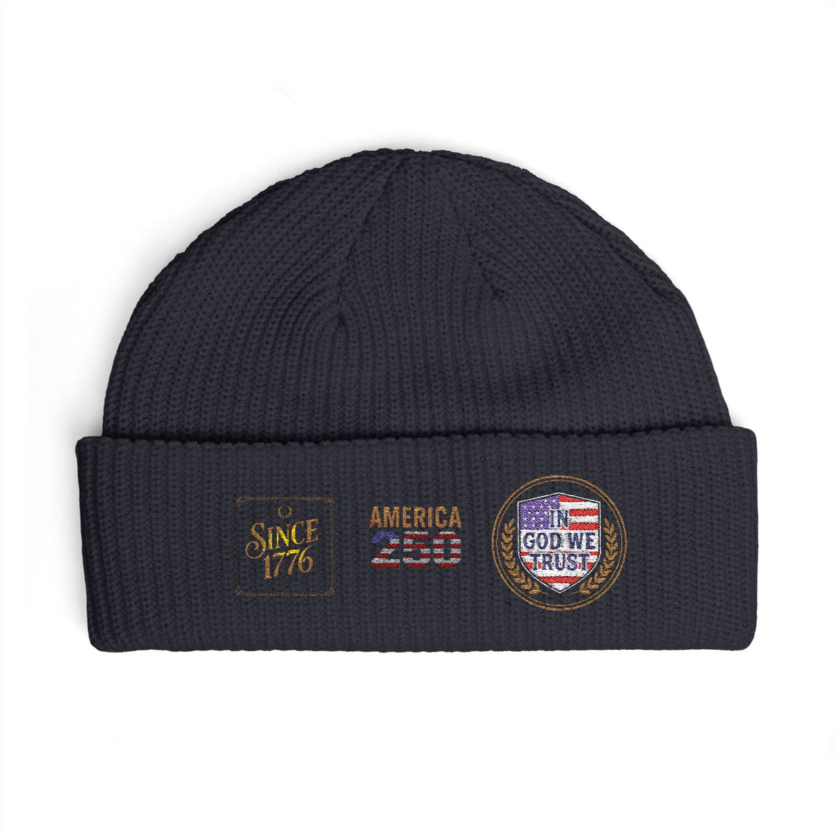Cuff Beanie — Vintage Travel Patch Knit Hat (America 250, Route Badge)