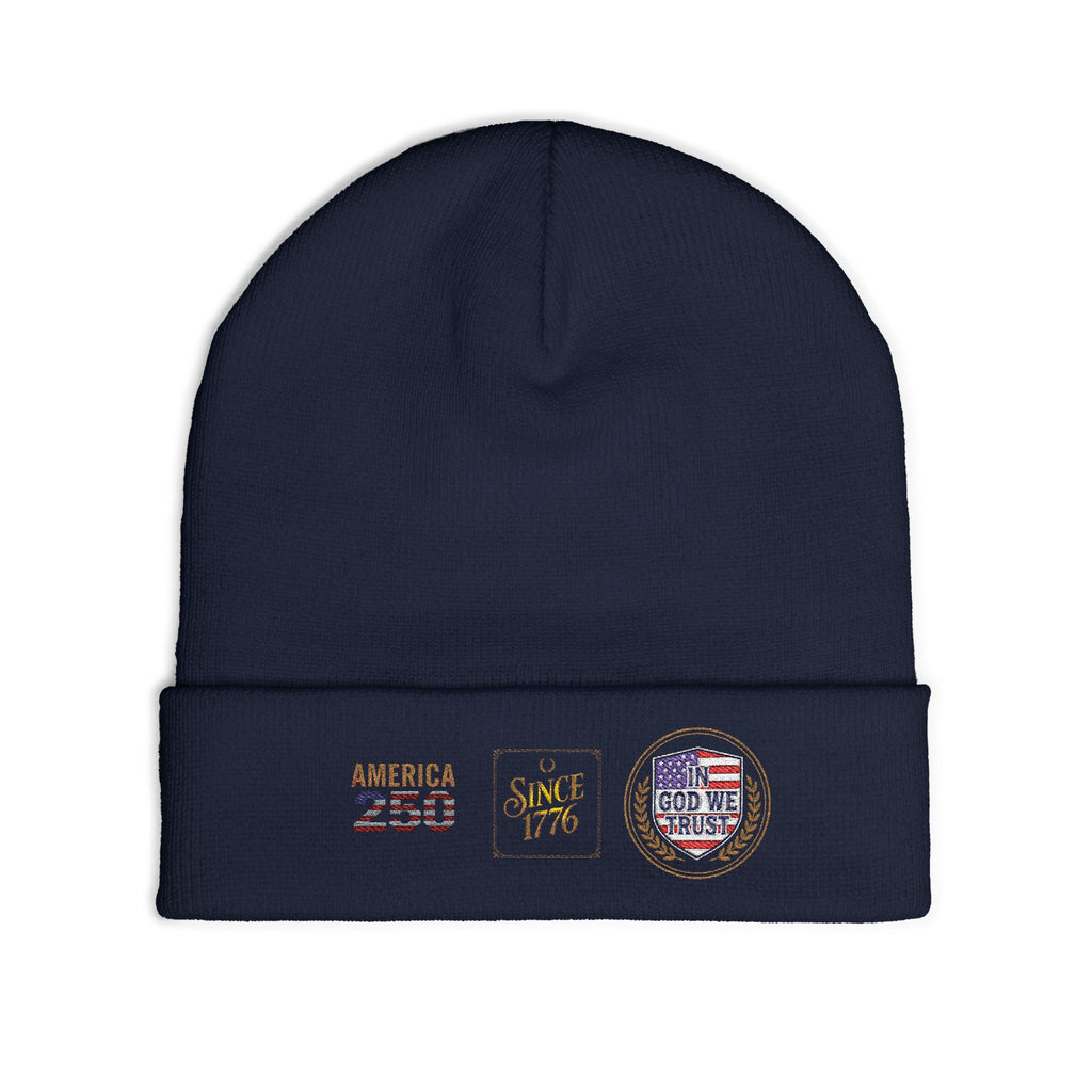 Embroidered Patriotic Knit Beanie — "America 250 / Since 1776 / God We Trust"