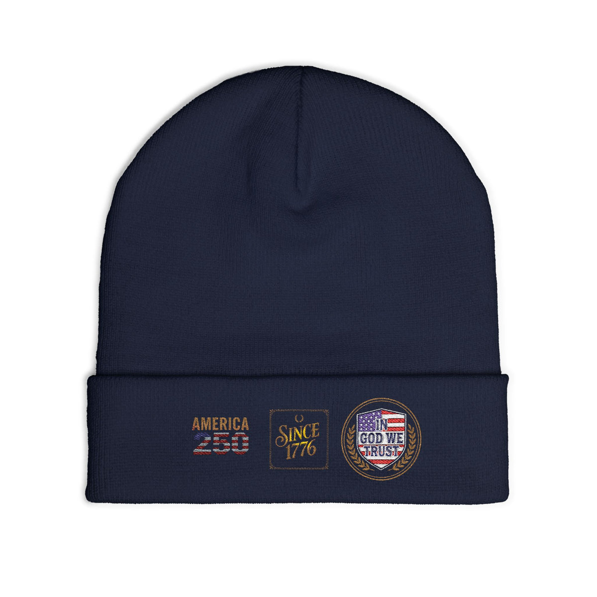 Embroidered Patriotic Knit Beanie — "America 250 / Since 1776 / God We Trust"