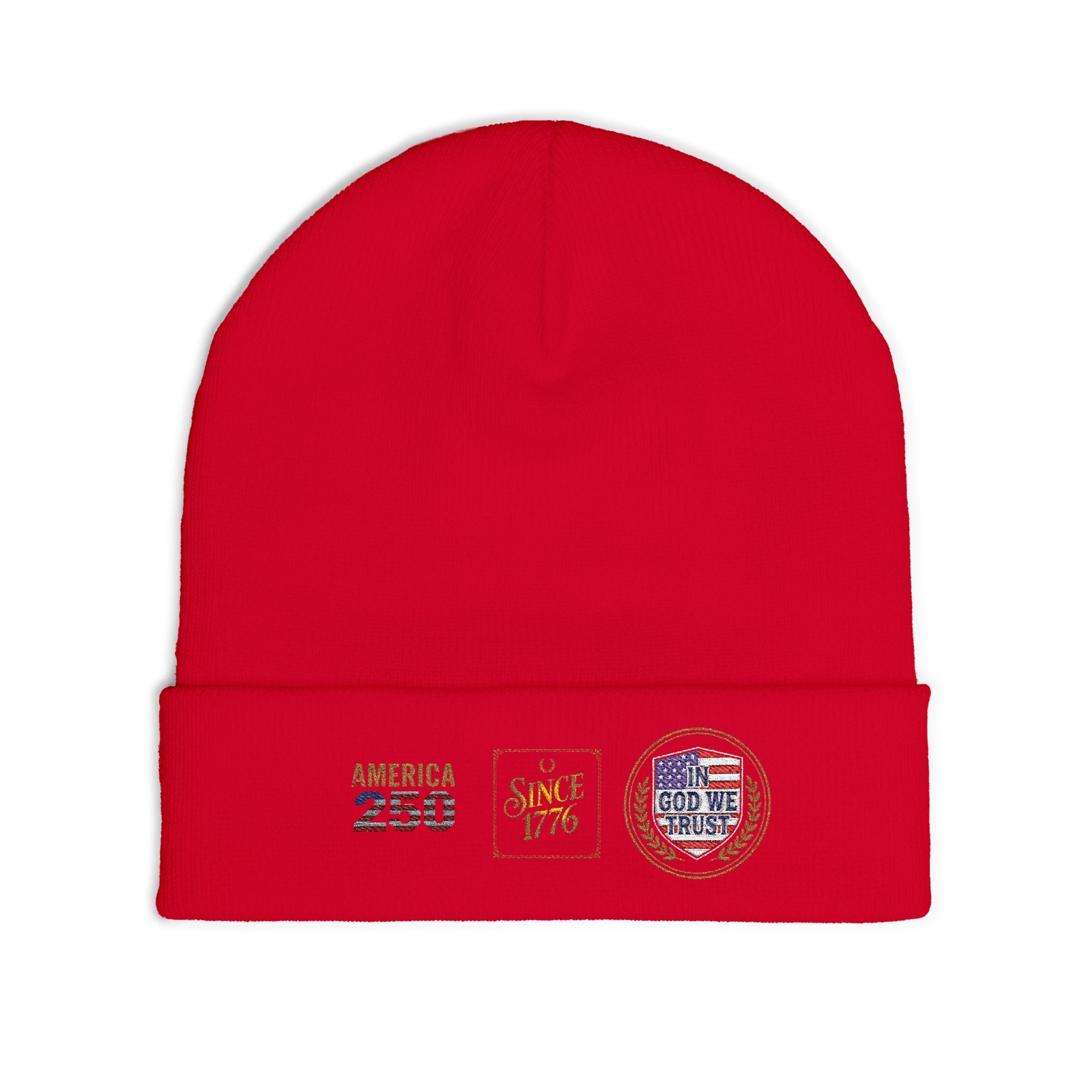 Embroidered Patriotic Knit Beanie — "America 250 / Since 1776 / God We Trust"