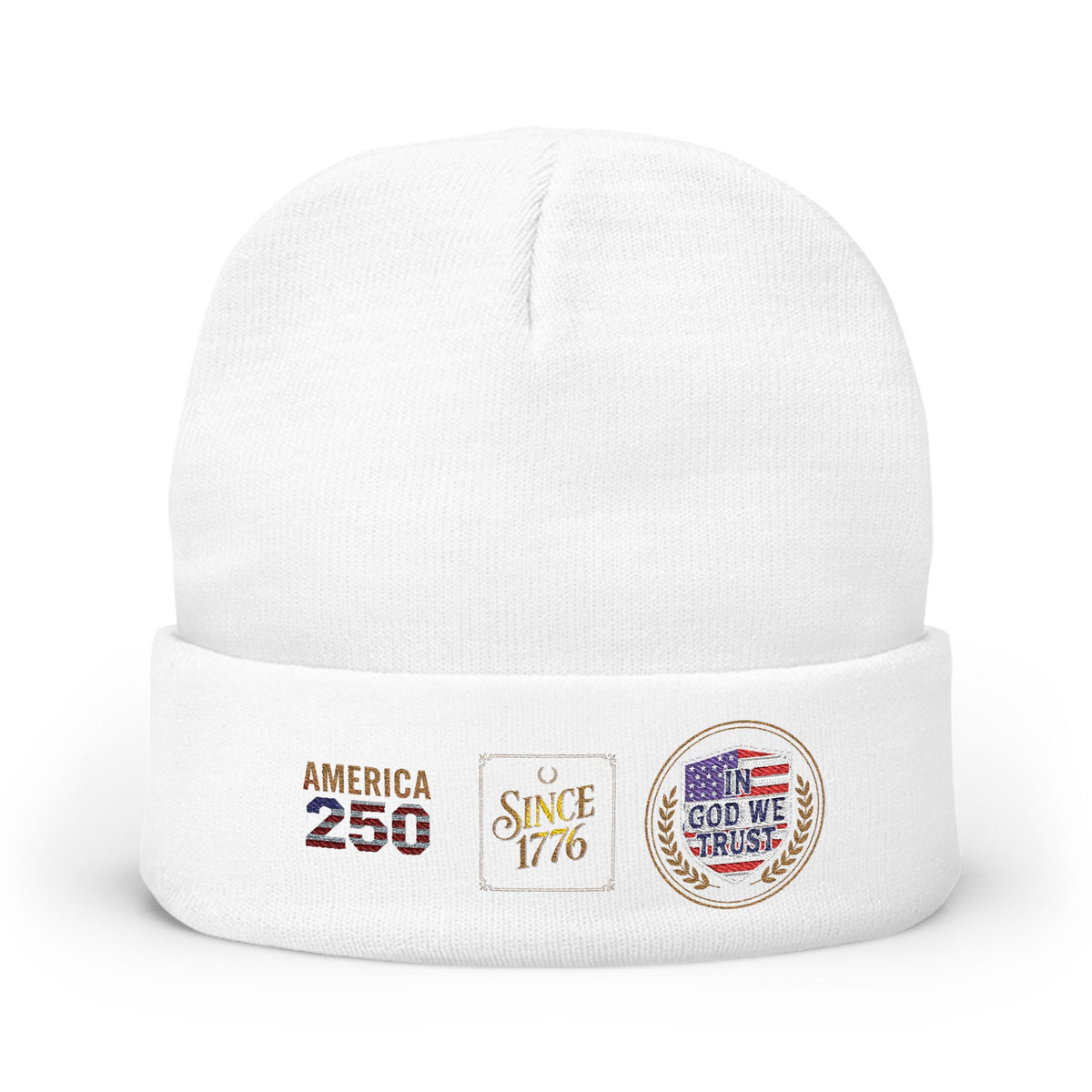 Embroidered Patriotic Knit Beanie — "America 250 / Since 1776 / God We Trust"