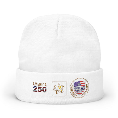 Embroidered Patriotic Knit Beanie — "America 250 / Since 1776 / God We Trust"