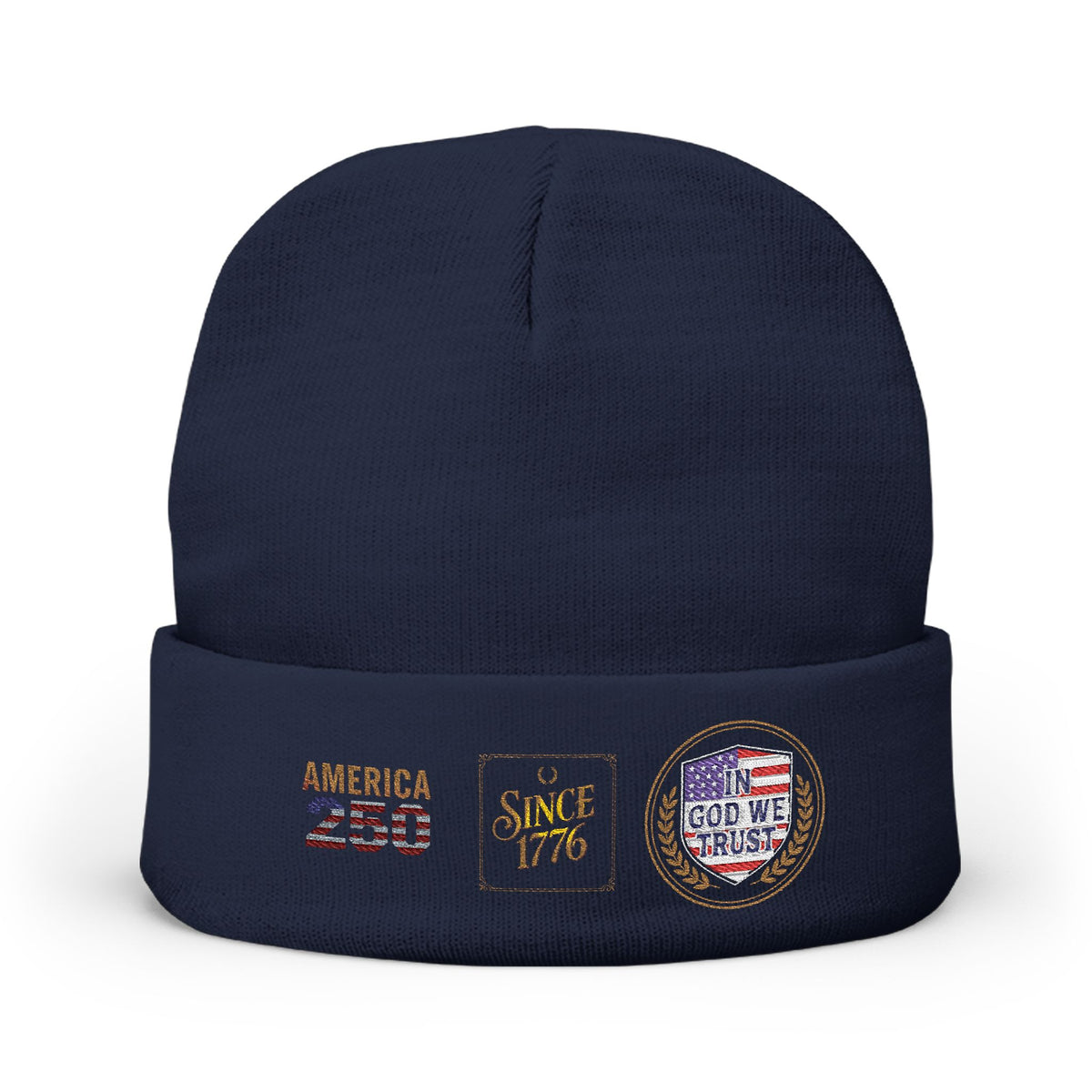 Embroidered Patriotic Knit Beanie — "America 250 / Since 1776 / God We Trust"